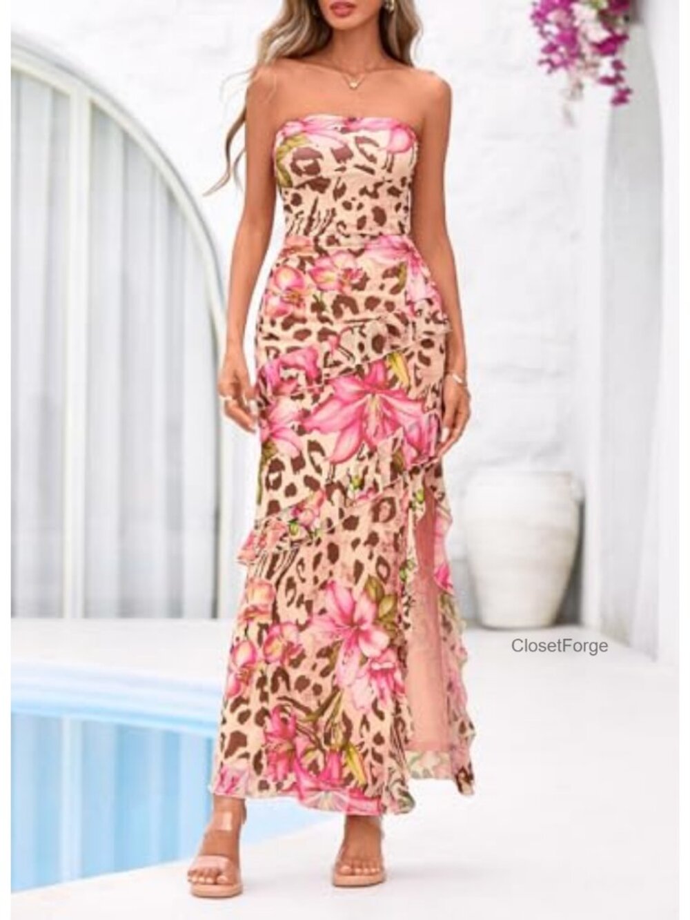 Off Shoulder Strapless Ruffle Hem Maxi Dress with High Slit - Picture 3 of 6